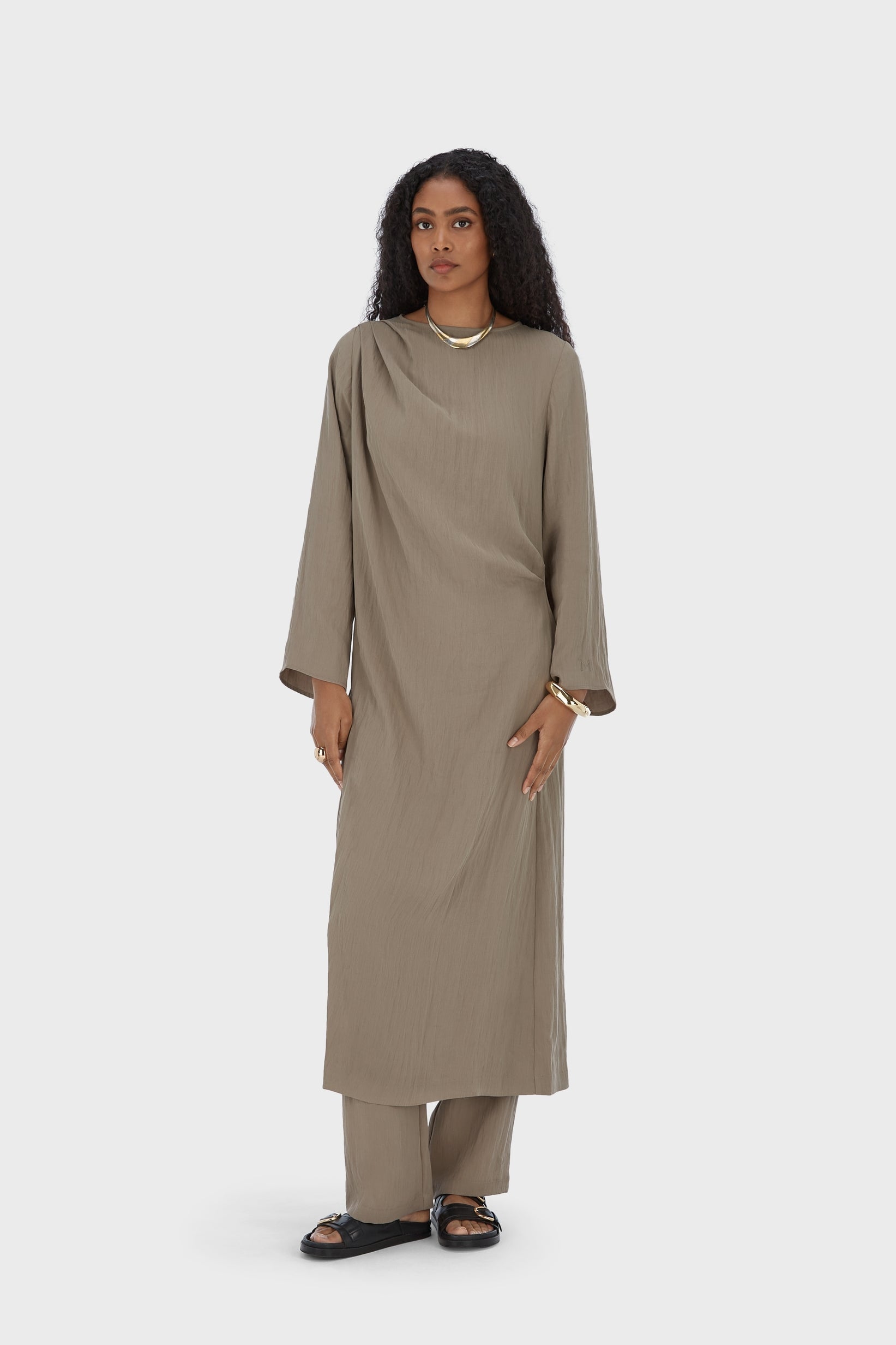 Asymmetric Pleated Tunic | Taupe