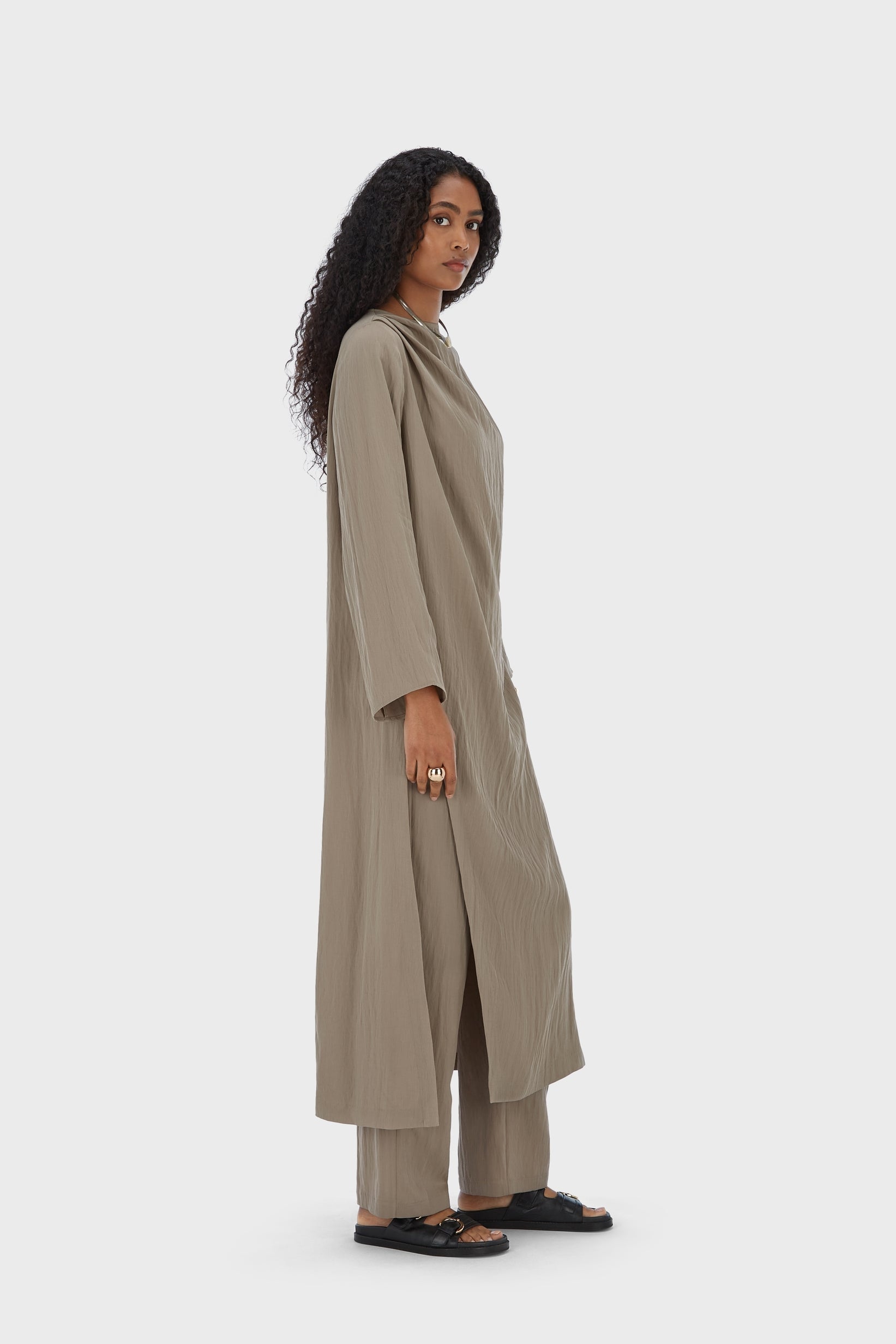 Asymmetric Pleated Tunic | Taupe