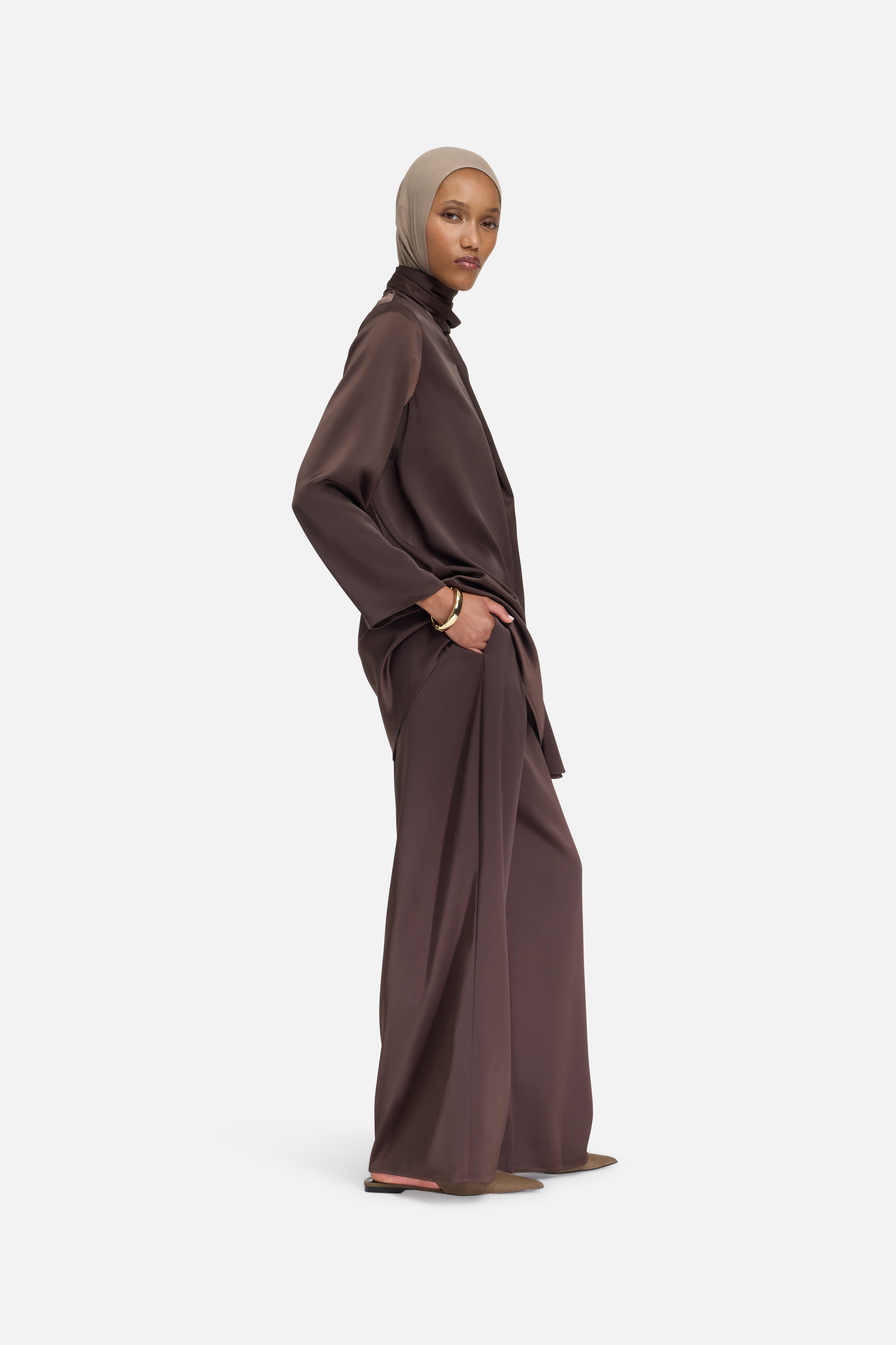 Satin Pleated Pants | Dark Brown
