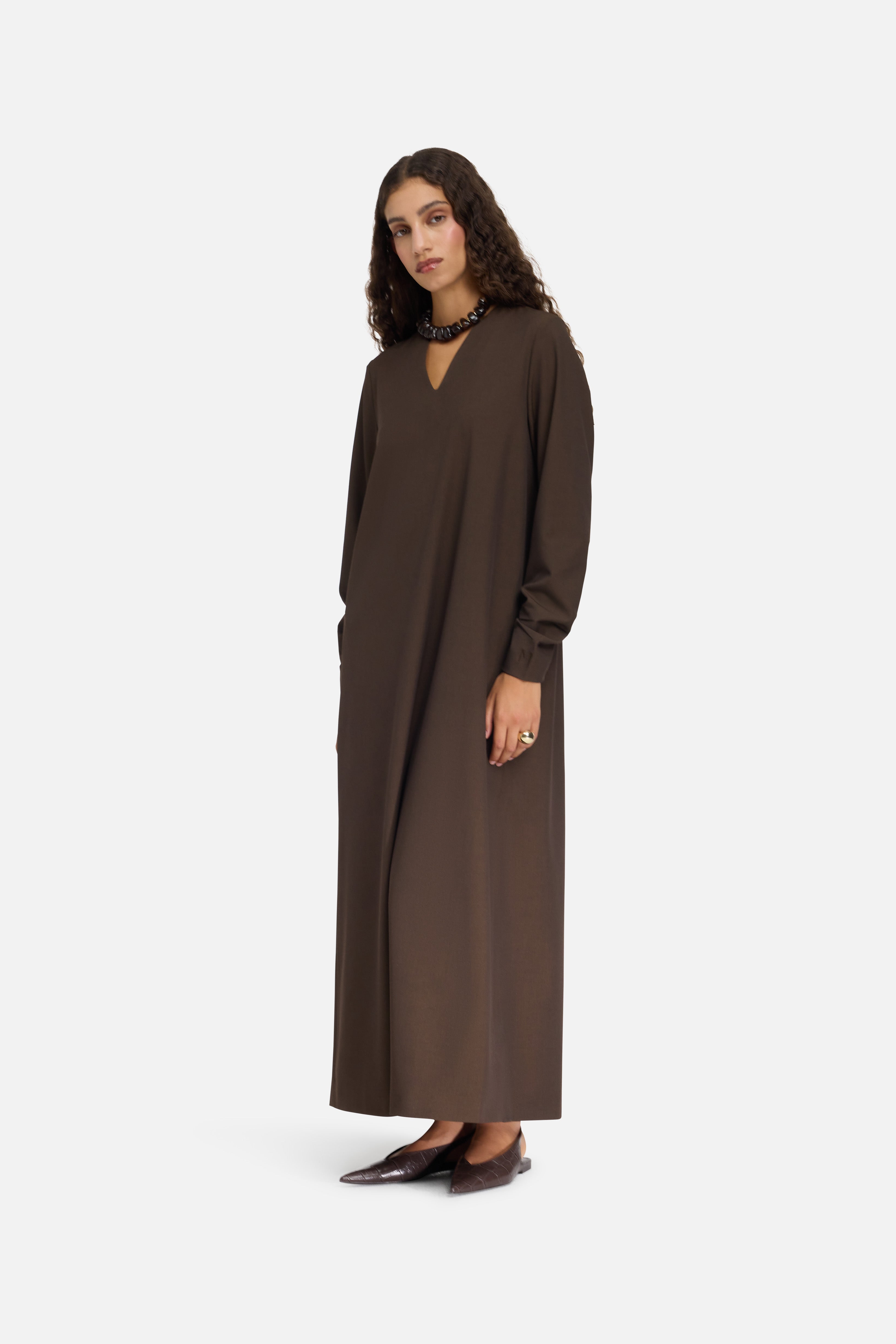 Tailored V-Neck Dress | Dark Brown
