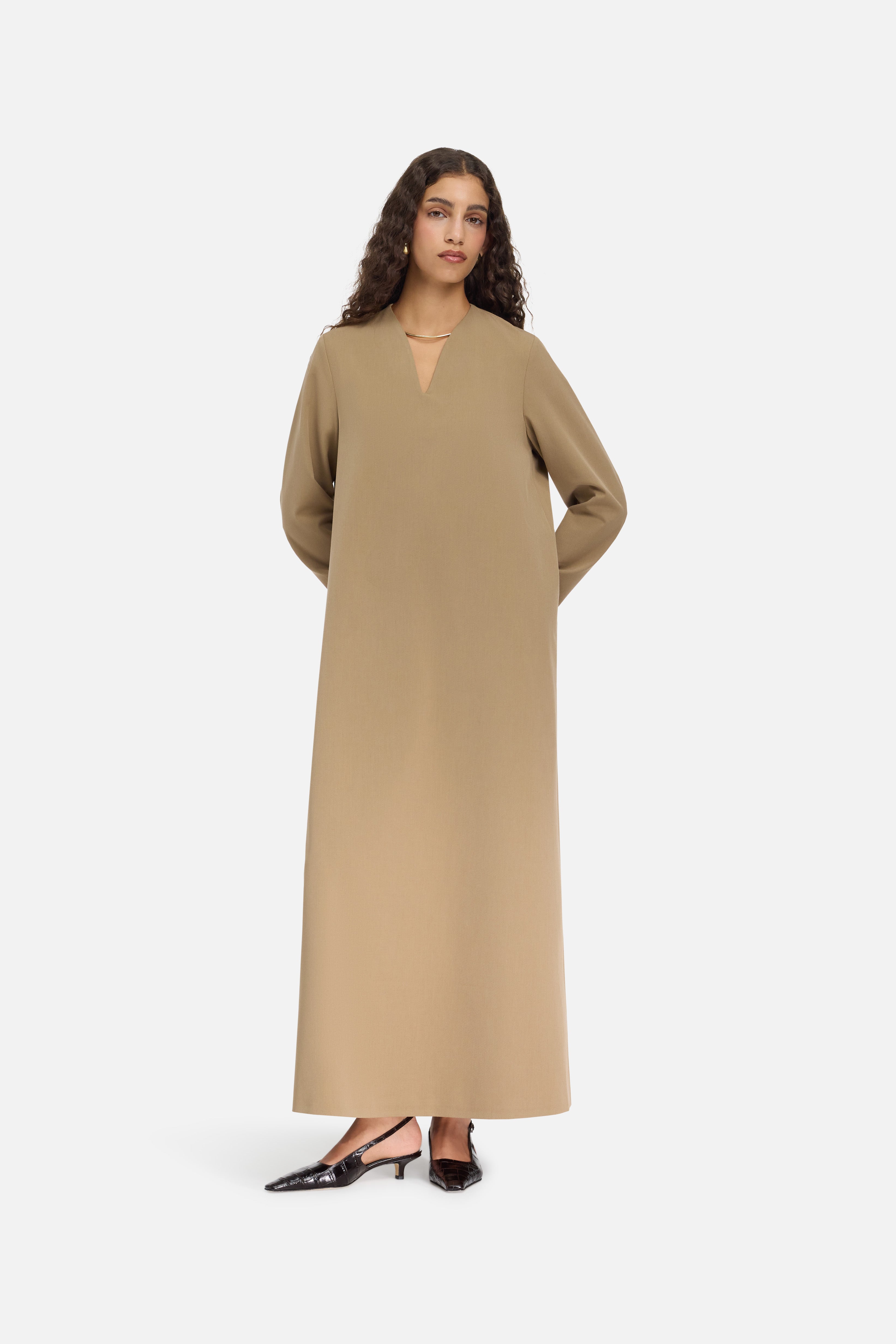 Tailored V-Neck Dress | Walnut