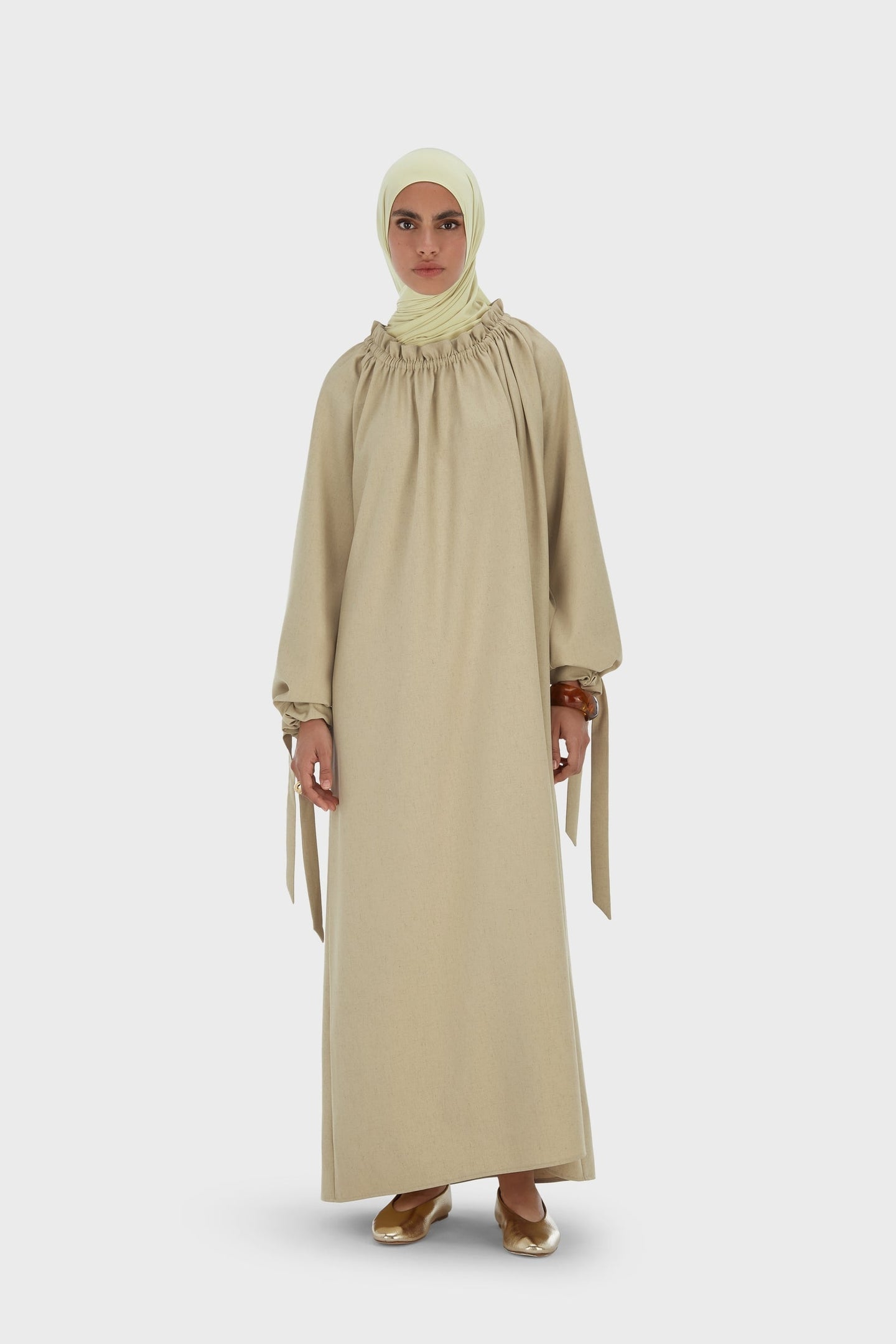 Gathered Neck Dress | Warm Khaki