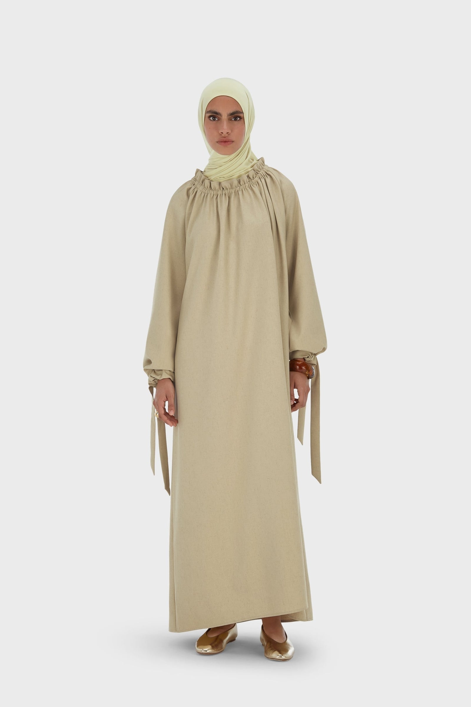 Gathered Neck Dress | Warm Khaki